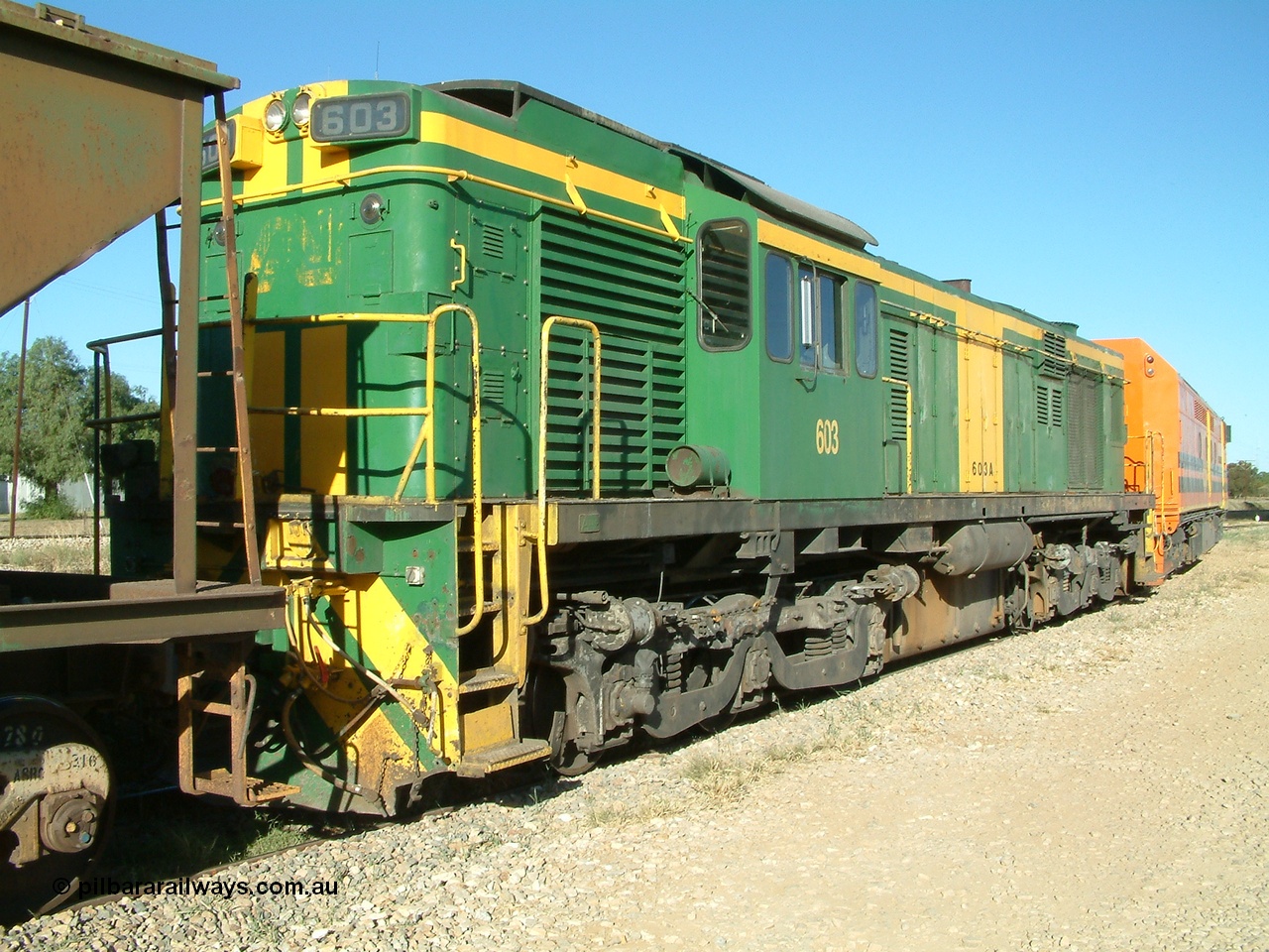030403 162303
Crystal Brook, view from the A end of former Australian National 600 class AE Goodwin built ALCo DL541 model 603 serial G6015-2.
Keywords: 600-class;603;AE-Goodwin;ALCo;DL541;G6015-2;