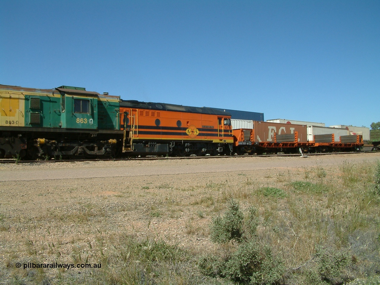 030404 131846
Port Augusta, Spencer Junction shunt loco 830 class unit 863 serial 84709 is an AE Goodwin built ALCo DL531 model and entered service in June 1963. 4th April 2003.
Keywords: 830-class;863;AE-Goodwin;ALCo;DL531;84709;