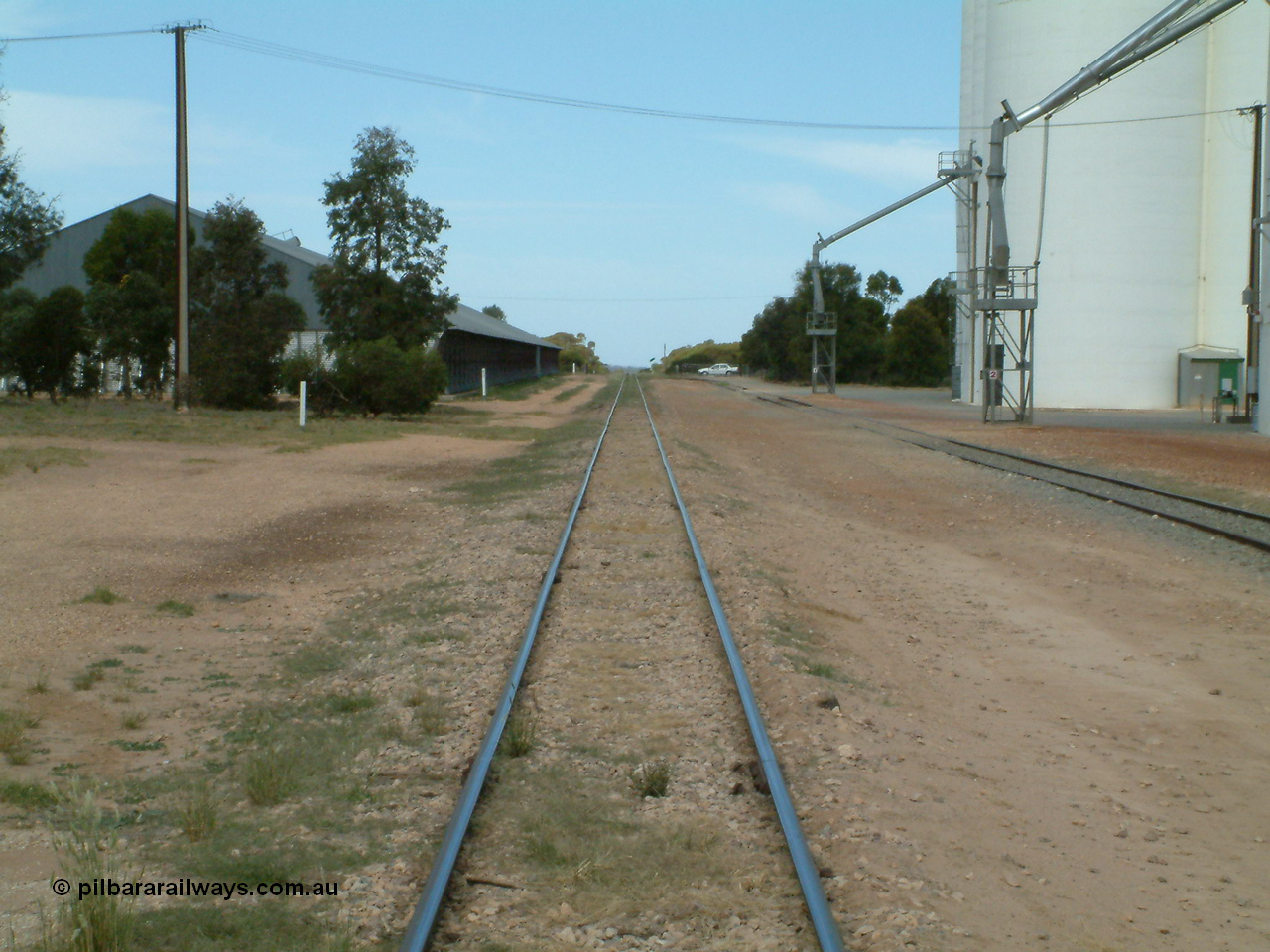 030405 132832
Wudinna, yard view looking along the mainline south with Naylor Tce in the background with grain shed on the left and silo complex and loading spout on the right, 5th April, 2003.
