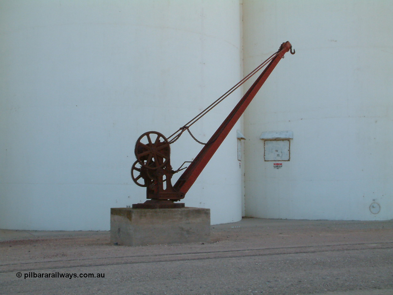 030405 150048
Warramboo, view of yard crane in front of concrete silo complex, the 5 ton crane is ex Port Lincoln, 5th April 2003.
