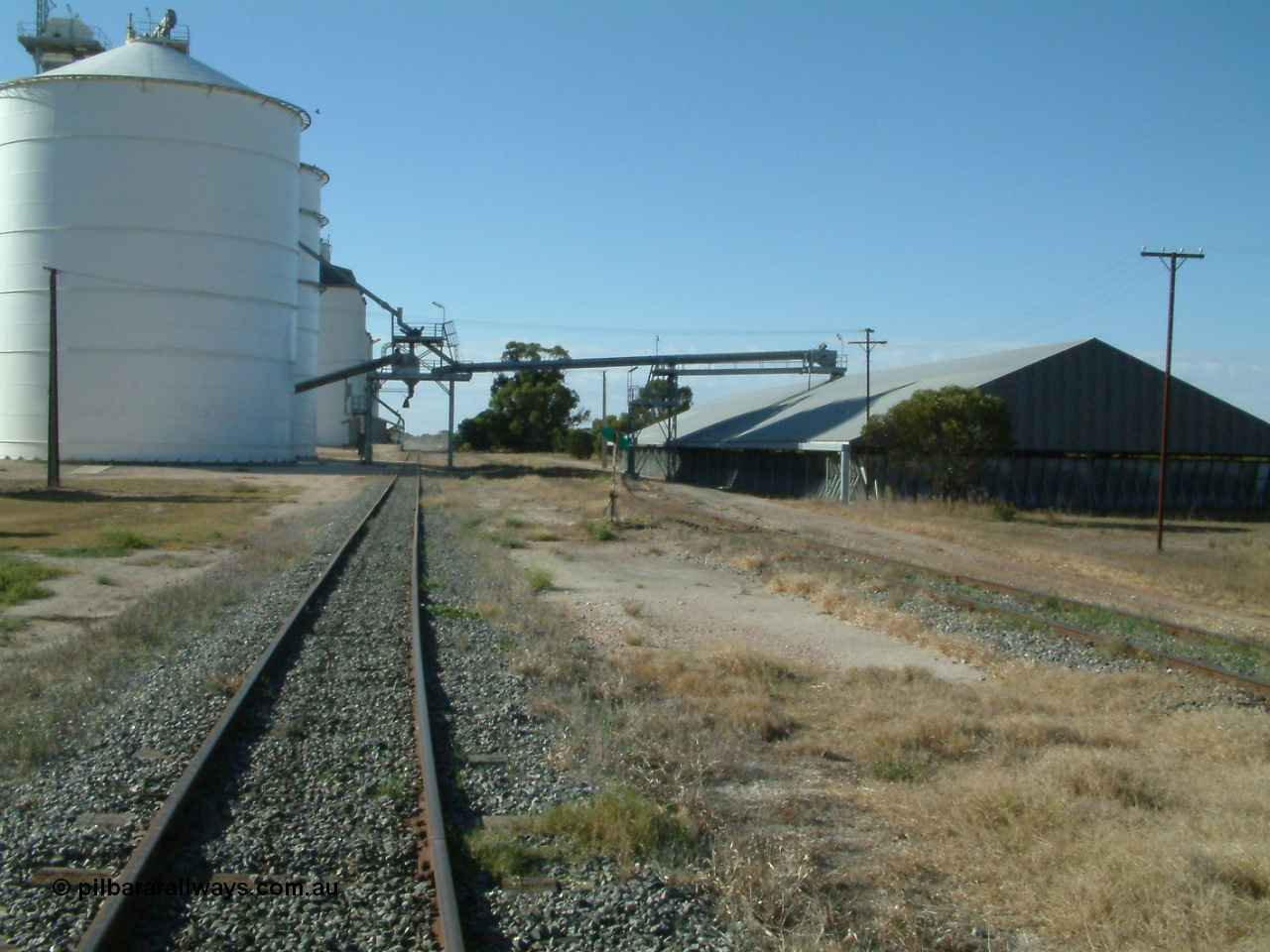 030405 155752
Lock, yard overview looking north along the grain siding, mainline to the right, Ascom style silo complex Block 5 with outflow spout visible on the left, point lever and indicator for horizontal grain shed siding in the middle of frame, and transfer auger across tracks. 5th April 2003.
