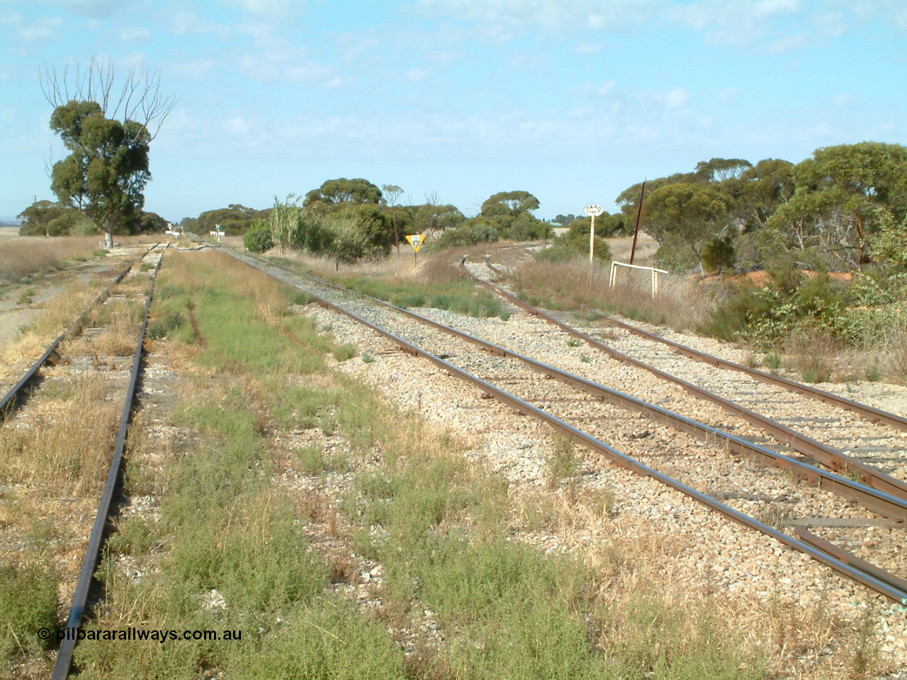 030406 092756
Yeelanna, yard view looking south, shows mainline and grain siding running south and branch line to Kapinnie and former Mount Hope branch curving away to the right across a culvert and past a cast Yard Limit sign. 6th April 2003.
