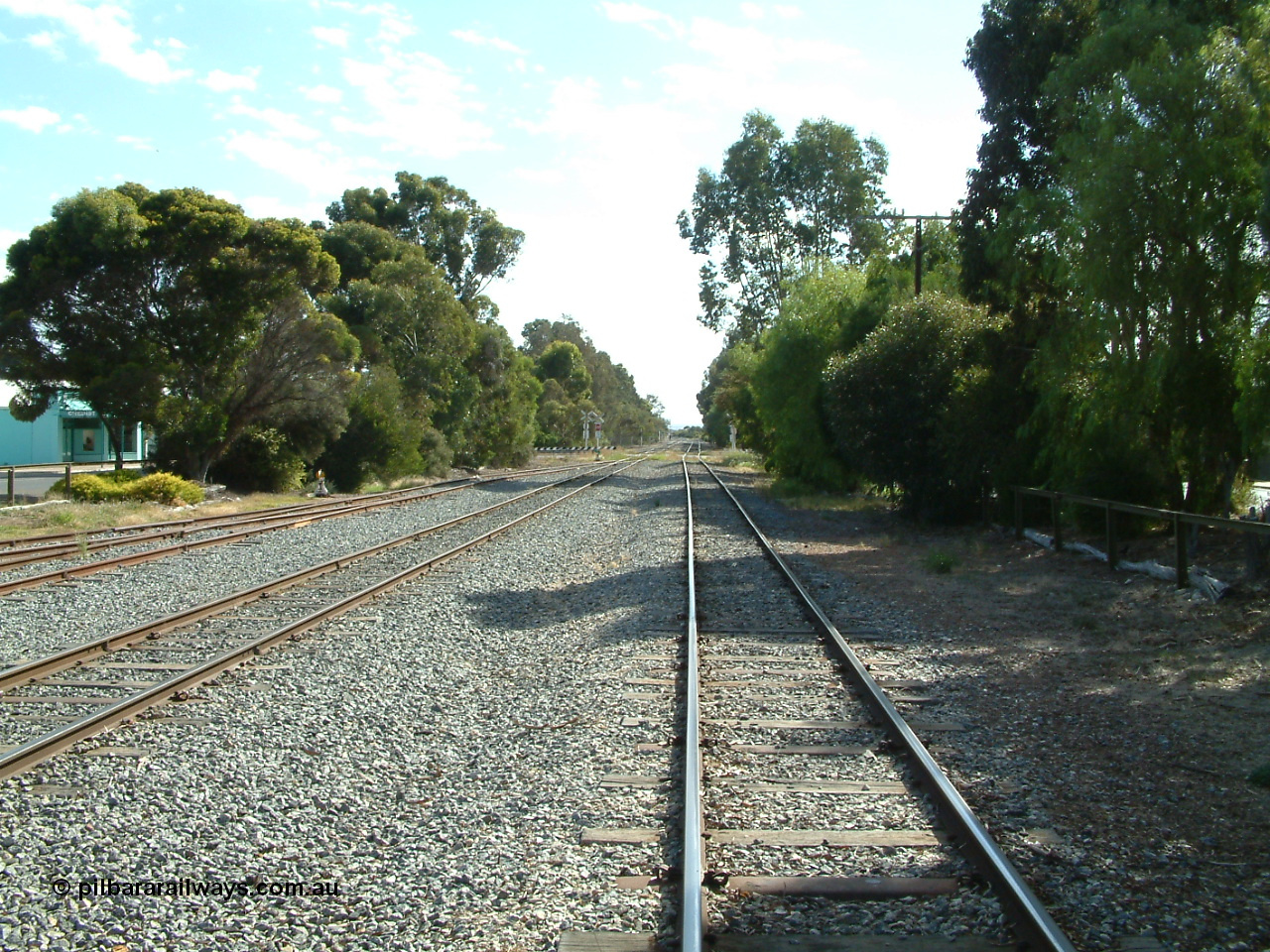 030406 094216
Cummins, yard view looking north along the Buckleboo line with the Thevenard line second from the right with Hall St grade crossing visible in the distance and the loading ramp siding converging at the far left of the image. 6th April 2003.
