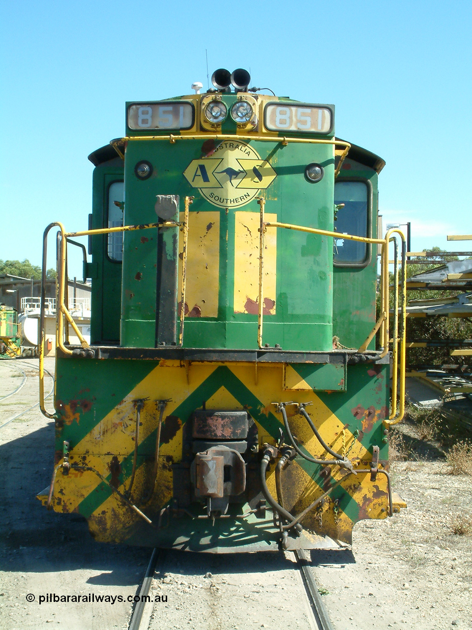 030406 115438
Port Lincoln loco workshops, still in former owner AN livery, Australian Southern 830 class locomotive 851 AE Goodwin ALCo model DL531 serial 84137 which has been on the Eyre Peninsula Division since being built in April 1962, cab front view. 6th April 2003.
Keywords: 830-class;851;AE-Goodwin;ALCo;DL531;84137;