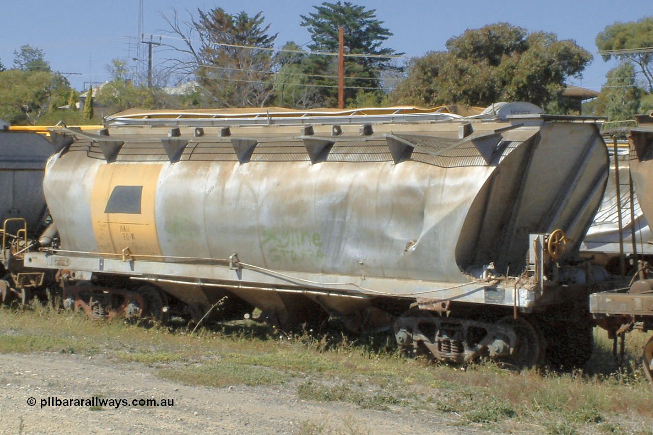 030406 115522
Port Lincoln, derailment damaged SAR Islington Workshops built HAN type bogie wheat waggon HAN 20, stored at the workshops yards. 6th April 2003.
Keywords: HAN-type;HAN20;1969-73/68-20;SAR-Islington-WS;