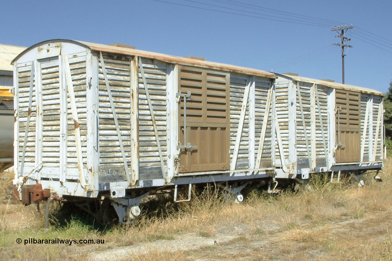 030406 115842
Port Lincoln, originally VFN type 10 ton four wheel louvre vans now recoded to ENLF type ENLF 6 and ENLF 5 are the last two of the original fleet of eight, built with new bodies on ex SFN type sheep van chassis. 6th April 2003.
Keywords: ENLF-type;ENLF6;ENLF5;SAR-Islington-WS;VFN-type;SFN-type;fixed-wheel-waggon;