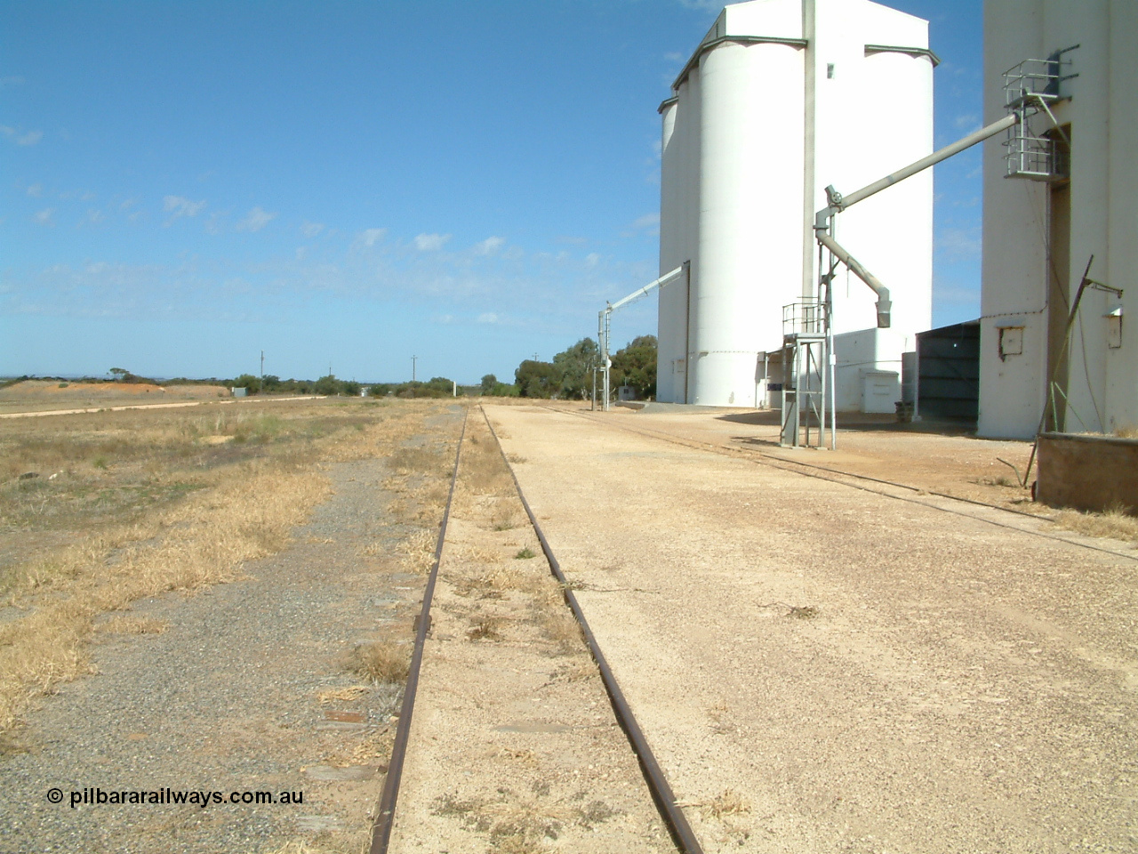 030406 142314
Kapinnie, yard overview looking east towards Yeelanna, concrete silo complexes and outflow spouts on the right. 6th April 2003.
