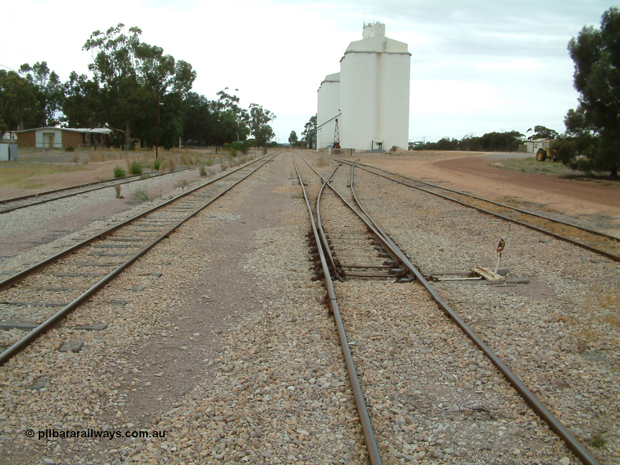 030407 094734
Minnipa, yard overview looking south, tracks from the left, No. 1 Goods Siding, Mainline, No.2 Goods Siding and No. 3 Goods Siding. Crew barracks visible on the left, rotating jib crane visible in front of concrete silo complexes. 7th April 2003.
