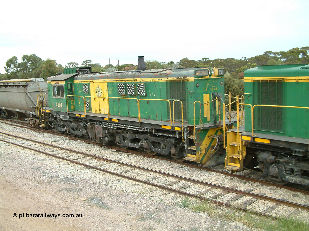 030407 100846
Minnipa, empty grain train shunting back into the grain siding with former Australian National Co-Co locomotive AE Goodwin ALCo model DL531 830 class unit 851 serial no. 84137, 851 having been on the Eyre Peninsula since delivered in 1962. 7th April, 2003.
Keywords: 830-class;851;AE-Goodwin;ALCo;DL531;84137;