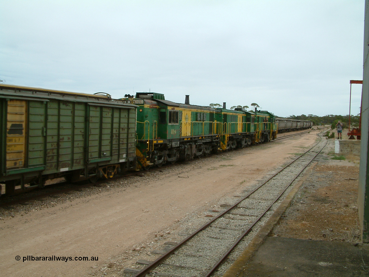 030407 114350
Poochera, empty grain train arrives behind a trio of former Australian National Co-Co locomotives with rebuilt former AE Goodwin ALCo model DL531 830 class ex 839, serial no. 83730, rebuilt by Port Augusta Workshops to DA class, DA 4 leading two AE Goodwin ALCo model DL531 830 class units 842, serial no. 84140 and 851 serial no. 84137, 851 having been on the Eyre Peninsula since delivered in 1962, to shunt off empty waggons and pick up the loaded ones. 7th April 2003.
Keywords: 830-class;851;AE-Goodwin;ALCo;DL531;84137;
