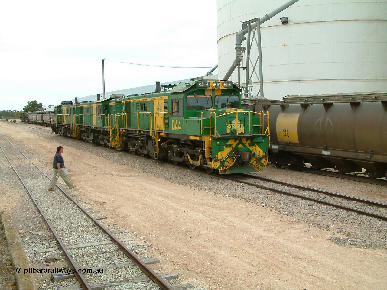 030407 120204
Poochera, trio of former Australian National locomotives with rebuilt former AE Goodwin ALCo model DL531 830 class ex 839 serial 83730 by Port Augusta Workshops to DA class DA 4 leading two AE Goodwin ALCo model DL531 830 class units 842 serial 84140 and 851 serial 84137, 851 having been on the Eyre Peninsula since delivered in 1962, as they run round the loaded ones to take south. 7th April 2003.
Keywords: DA-class;DA4;83730;Port-Augusta-WS;ALCo;DL531G/1;830-class;839;rebuild;