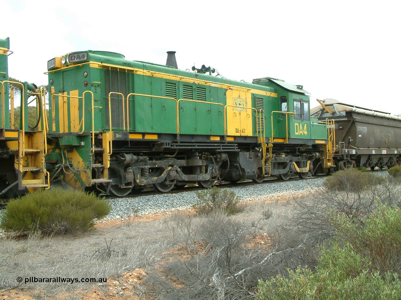 030409 120856
Kielpa, DA class unit DA 4 a former Australian National locomotive rebuilt from former AE Goodwin ALCo model DL531 830 class ex 839 serial 83730, rebuilt by Port Augusta Workshops to DA class.
Keywords: DA-class;DA4;83730;Port-Augusta-WS;ALCo;DL531G/1;830-class;839;rebuild;