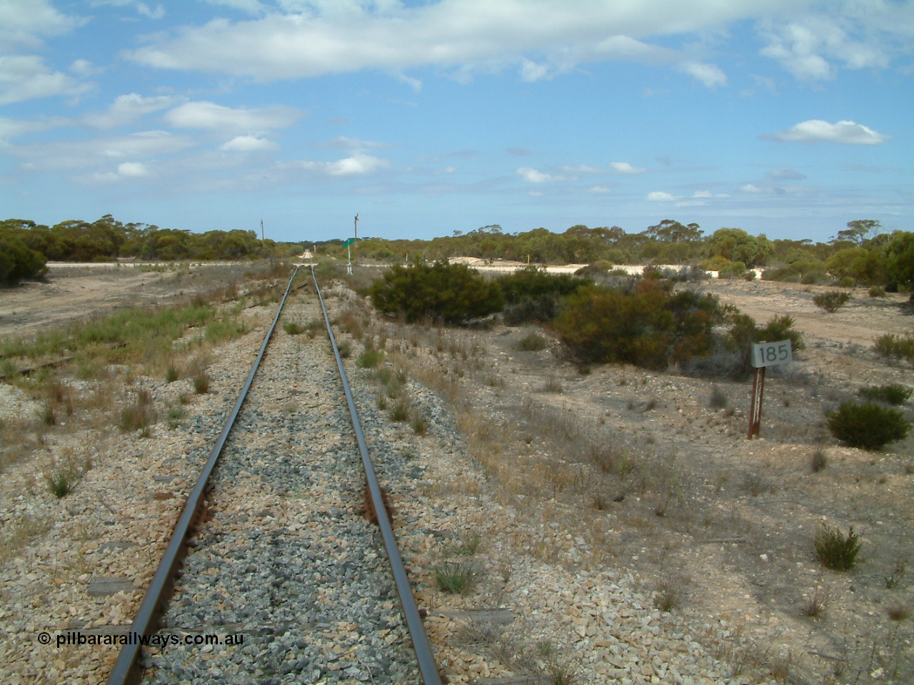 030409 123253
Kielpa, looking south along the mainline at the 185 km post, grain siding coming in from the left.
