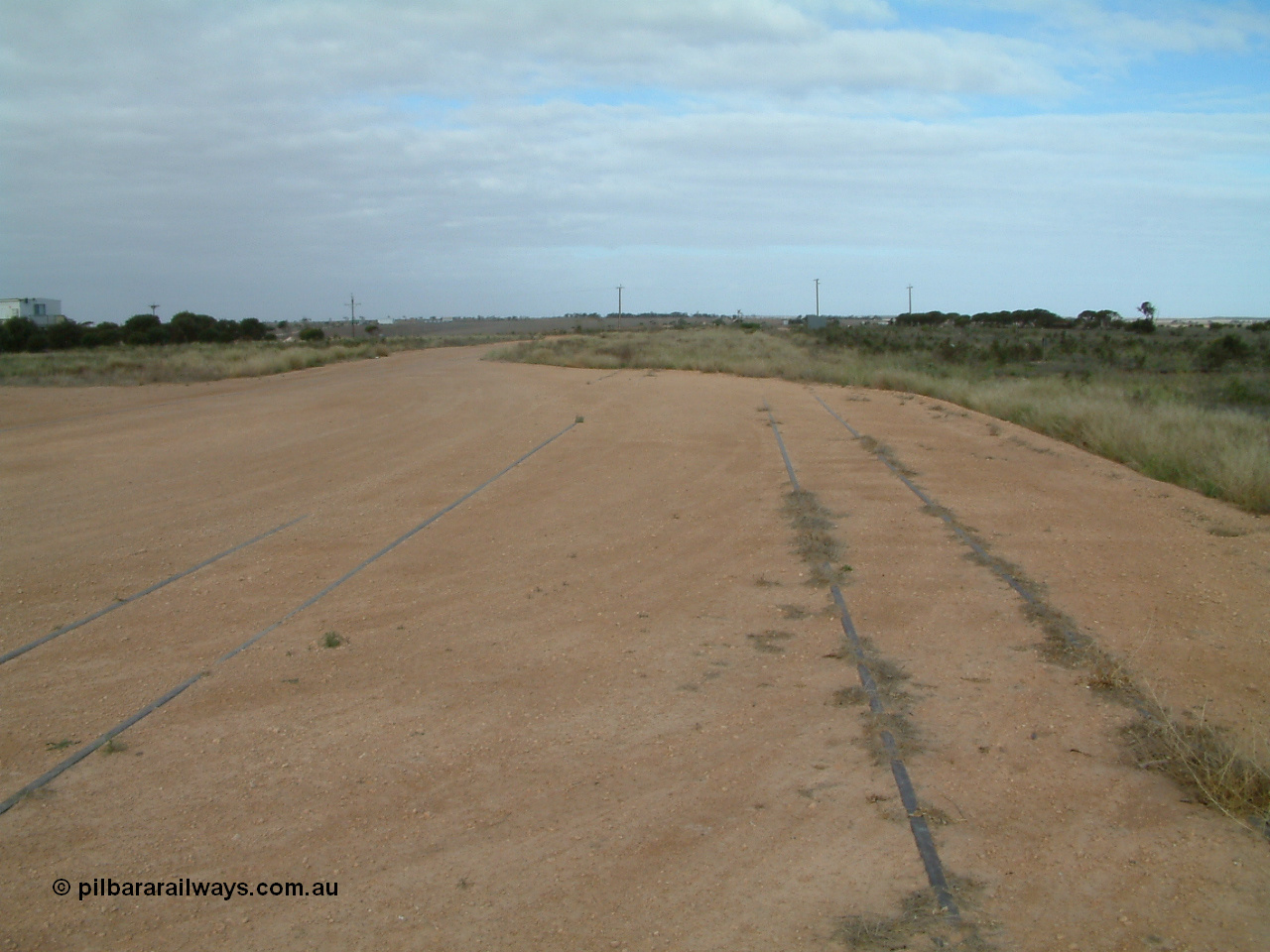 030414 154037
Penong, view looking east beside concrete silo block 2, grain loop on the left with mainline in centre of image and good loop in the grass on the right. Last train was March 1997.
