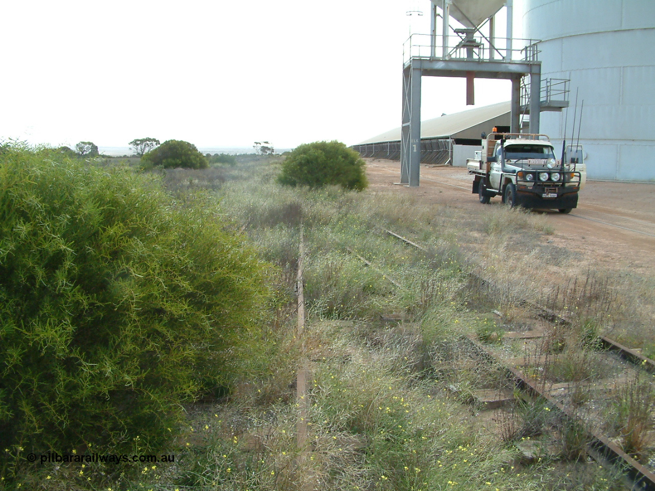 030414 154153
Penong, looking west, the crossover from the main to the grain loop is running left to right, Ascom silo loadout gantry with horizontal grain bunker behind it.
