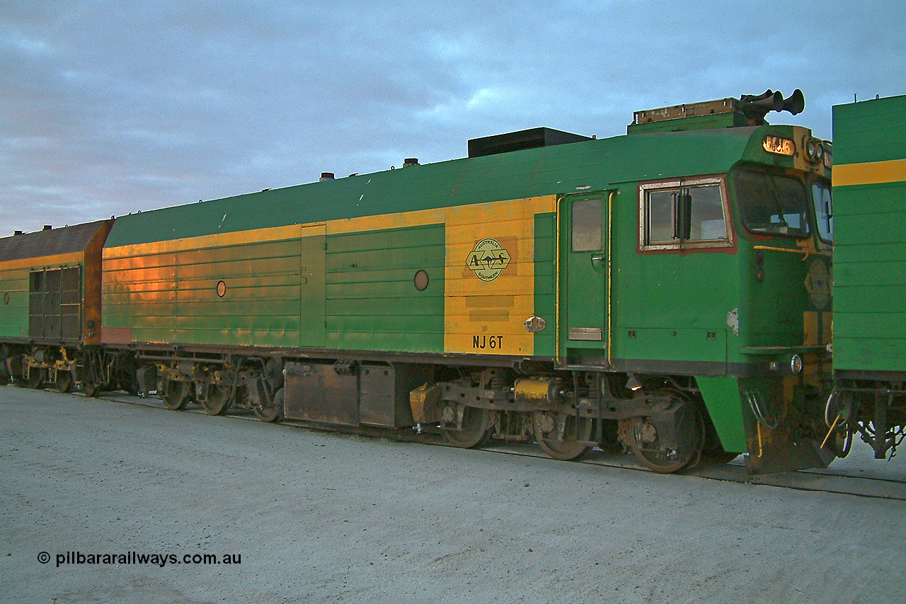 030415 065944
Kevin, NJ class Clyde Engineering EMD JL22C model unit NJ 6 serial 71-733, built in 1971 at Clyde's Granville NSW workshops, started out on the Central Australia Railway for the Commonwealth Railways before being transferred to the Eyre Peninsula system in 1981. Still in AN green but lettered for Australian Southern Railroad. At the [url=https://goo.gl/maps/fjUHW]Kevin loading point[/url].
Keywords: NJ-class;NJ6;Clyde-Engineering-Granville-NSW;EMD;JL22C;71-733;