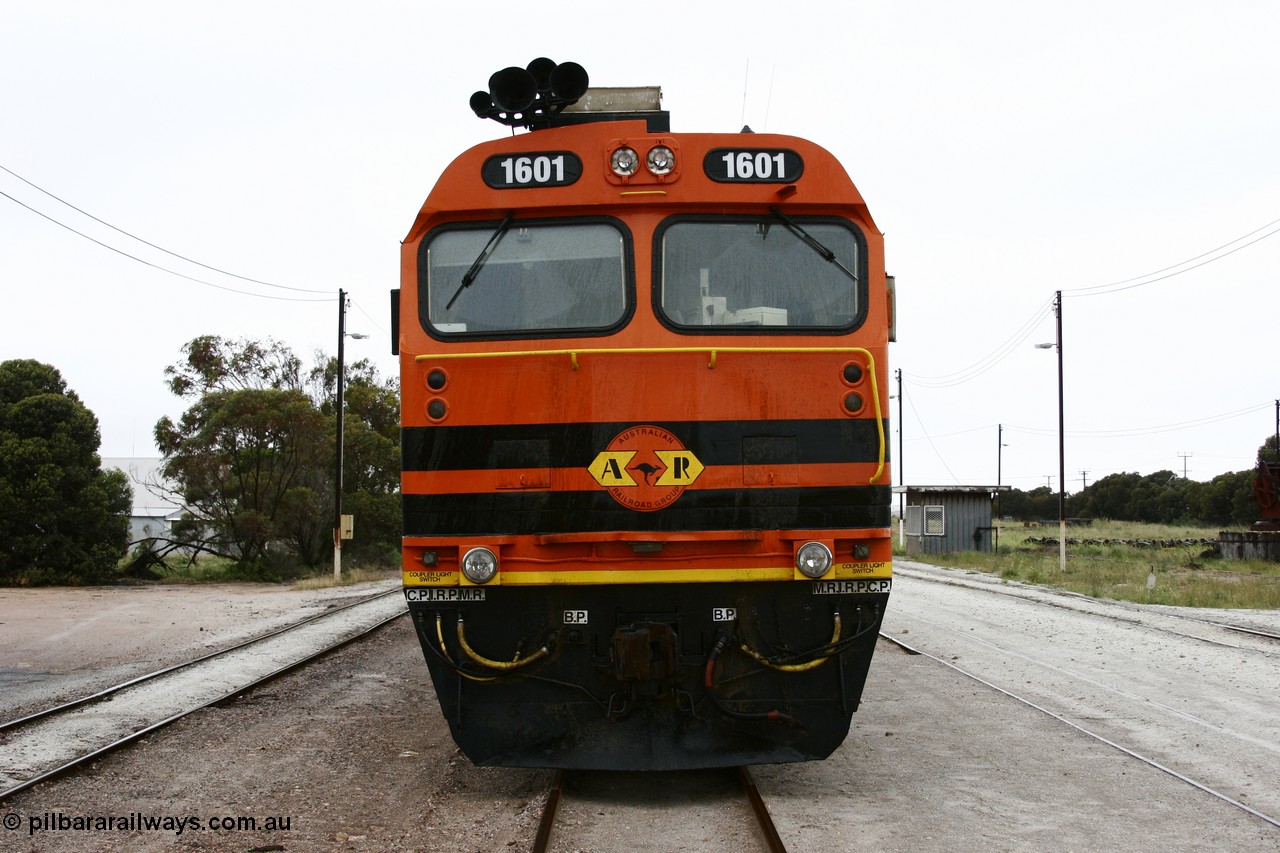 051102 6621
Thevenard, front view of Clyde Engineering EMD JL22C model unit and class leader 1601, originally NJ 1 'Ben Chifley' serial 71-728, built in 1971 at Clyde's Granville NSW workshops, started out on the Central Australia Railway for the Commonwealth Railways before being transferred to the Eyre Peninsula system in 1981, repainted and renumbered to 1601 in November 2004.
Keywords: 1600-class;1601;Clyde-Engineering-Granville-NSW;EMD;JL22C;71-728;NJ-class;NJ1;