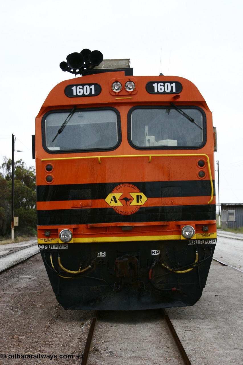 051102 6622
Thevenard, front view of Clyde Engineering EMD JL22C model unit and class leader 1601, originally NJ 1 'Ben Chifley' serial 71-728, built in 1971 at Clyde's Granville NSW workshops, started out on the Central Australia Railway for the Commonwealth Railways before being transferred to the Eyre Peninsula system in 1981, repainted and renumbered to 1601 in November 2004.
Keywords: 1600-class;1601;Clyde-Engineering-Granville-NSW;EMD;JL22C;71-728;NJ-class;NJ1;