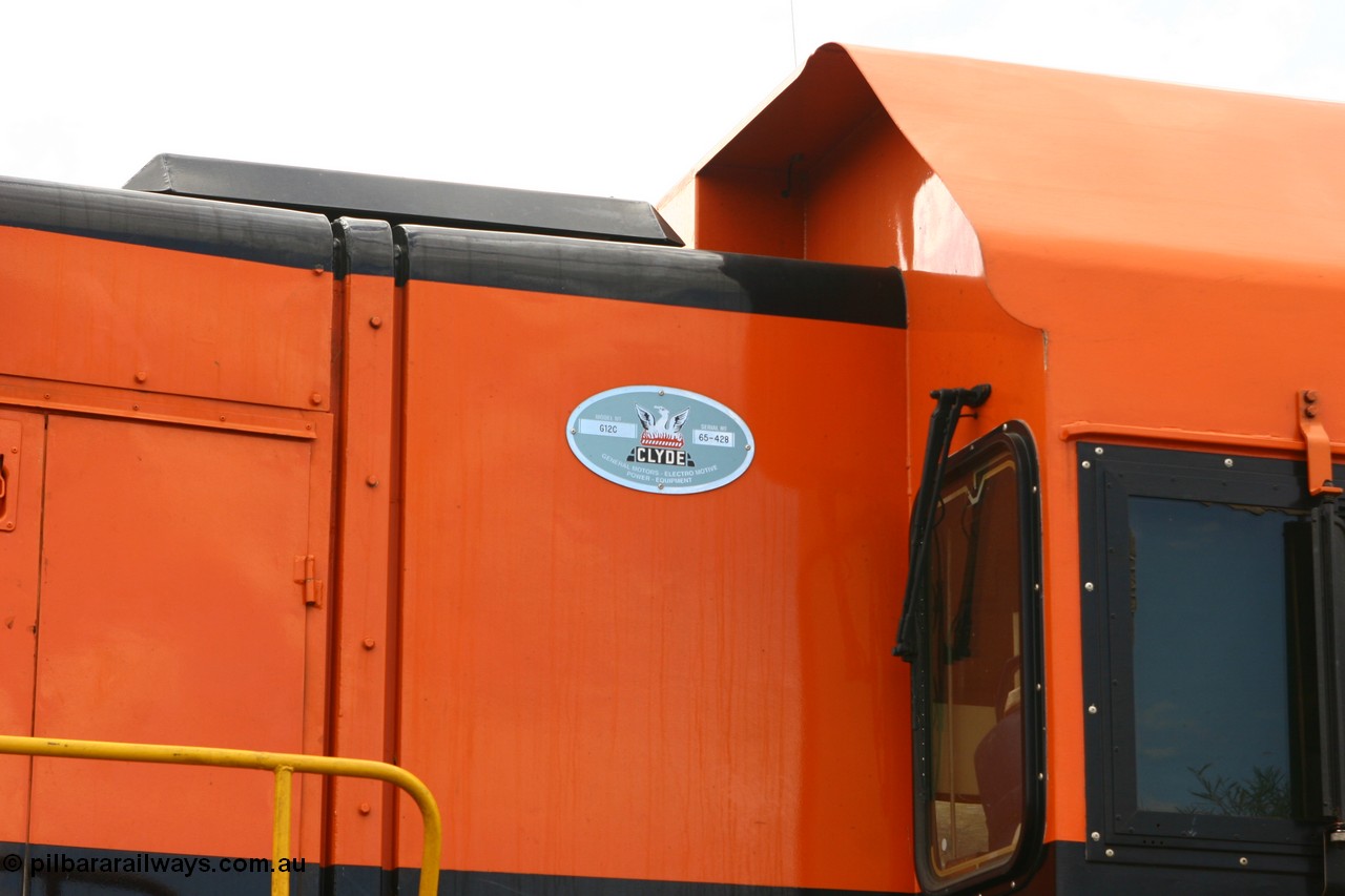 060108 2053
Lock, builders plate of ARG 1200 class unit 1204, a Clyde Engineering EMD model G12C serial 65-428, final of fourteen originally built between 1960-65 for WAGR as their A class A 1514, fitted with dynamic brakes and financed by Western Mining Corporation, started on the Eyre Peninsula in August 2004.
Keywords: 1200-class;1204;Clyde-Engineering-Granville-NSW;EMD;G12C;65-428;A-class;A1514;