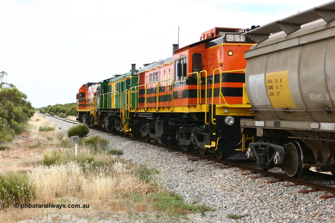060110 2155
Pillana, former station site, 59 km, empty grain train behind ARG 1200 class unit 1204, a Clyde Engineering EMD model G12C serial 65-428, originally built for the WAGR as the final unit of fourteen A class locomotives in 1965 then sent to the Eyre Peninsula in July 2004, and two 830 class AE Goodwin built ALCo model DL531 units 842 serial 84140 ex SAR broad gauge to Eyre Peninsula in October 1987, and 851 serial 84137 new to Eyre Peninsula in 1962. [url=https://goo.gl/maps/BcnmpGwGqtw]Approx. location of photo[/url].
Keywords: 1200-class;1204;Clyde-Engineering-Granville-NSW;EMD;G12C;65-428;A-class;A1514;830-class;842;851;AE-Goodwin;ALCo;DL531;84137;84140;