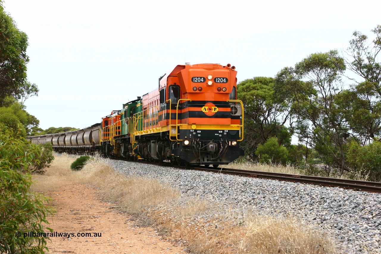 060110 2158
Near the 64 km between Pillana and Cummins, empty grain train behind ARG 1200 class unit 1204, a Clyde Engineering EMD model G12C serial 65-428, originally built for the WAGR as the final unit of fourteen A class locomotives in 1965 then sent to the Eyre Peninsula in July 2004, and two 830 class AE Goodwin built ALCo model DL531 units 842 serial 84140 ex SAR broad gauge to Eyre Peninsula in October 1987, and 851 serial 84137 new to Eyre Peninsula in 1962. [url=https://goo.gl/maps/NECDZnDkLfv]Approx. location of photo[/url].
Keywords: 1200-class;1204;Clyde-Engineering-Granville-NSW;EMD;G12C;65-428;A-class;A1514;830-class;842;851;AE-Goodwin;ALCo;DL531;84137;84140;