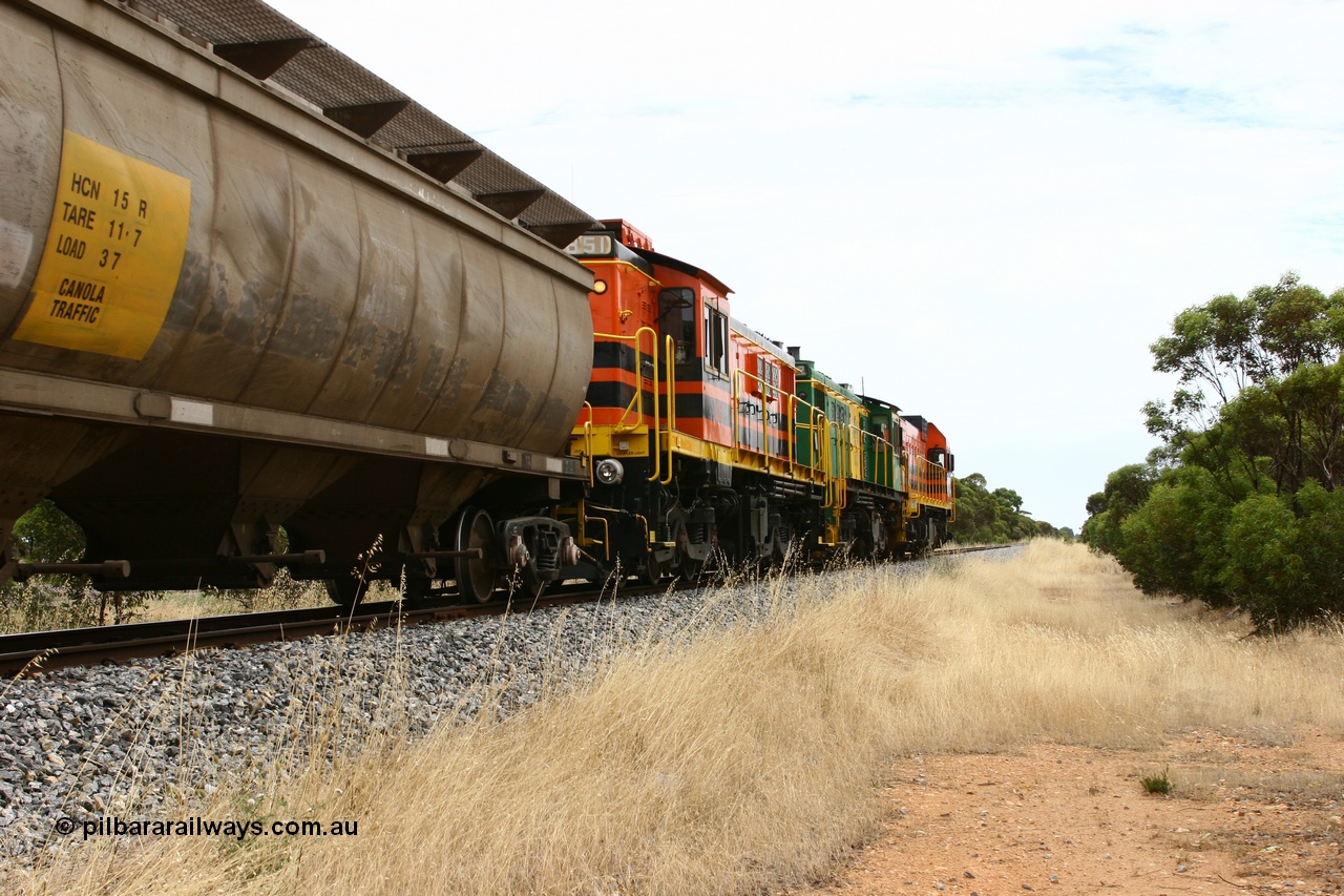 060110 2161
Near the 64 km between Pillana and Cummins, empty grain train behind ARG 1200 class unit 1204, a Clyde Engineering EMD model G12C serial 65-428, originally built for the WAGR as the final unit of fourteen A class locomotives in 1965 then sent to the Eyre Peninsula in July 2004, and two 830 class AE Goodwin built ALCo model DL531 units 842 serial 84140 ex SAR broad gauge to Eyre Peninsula in October 1987, and 851 serial 84137 new to Eyre Peninsula in 1962. [url=https://goo.gl/maps/NECDZnDkLfv]Approx. location of photo[/url].
Keywords: 1200-class;1204;Clyde-Engineering-Granville-NSW;EMD;G12C;65-428;A-class;A1514;830-class;842;851;AE-Goodwin;ALCo;DL531;84137;84140;