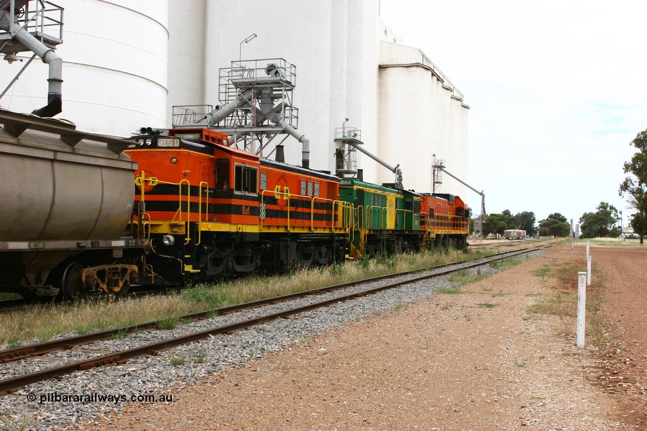060110 2168
Cummins, trailing view of empty grain train running down the yard along the Penong mainline behind ARG 1200 class unit 1204, a Clyde Engineering EMD model G12C serial 65-428, originally built for the WAGR as the final unit of fourteen A class locomotives in 1965 and sent to the Eyre Peninsula in July 2004 and two 830 class AE Goodwin built ALCo model DL531 units 842 serial 84140 ex SAR broad gauge to Eyre Peninsula in October 1987, and 851 serial 84137 new to Eyre Peninsula in 1962. [url=https://goo.gl/maps/q5aVqSmjCP62]Approx. location of image[/url].
Keywords: 1200-class;1204;Clyde-Engineering-Granville-NSW;EMD;G12C;65-428;A-class;A1514;830-class;842;851;AE-Goodwin;ALCo;DL531;84137;84140;