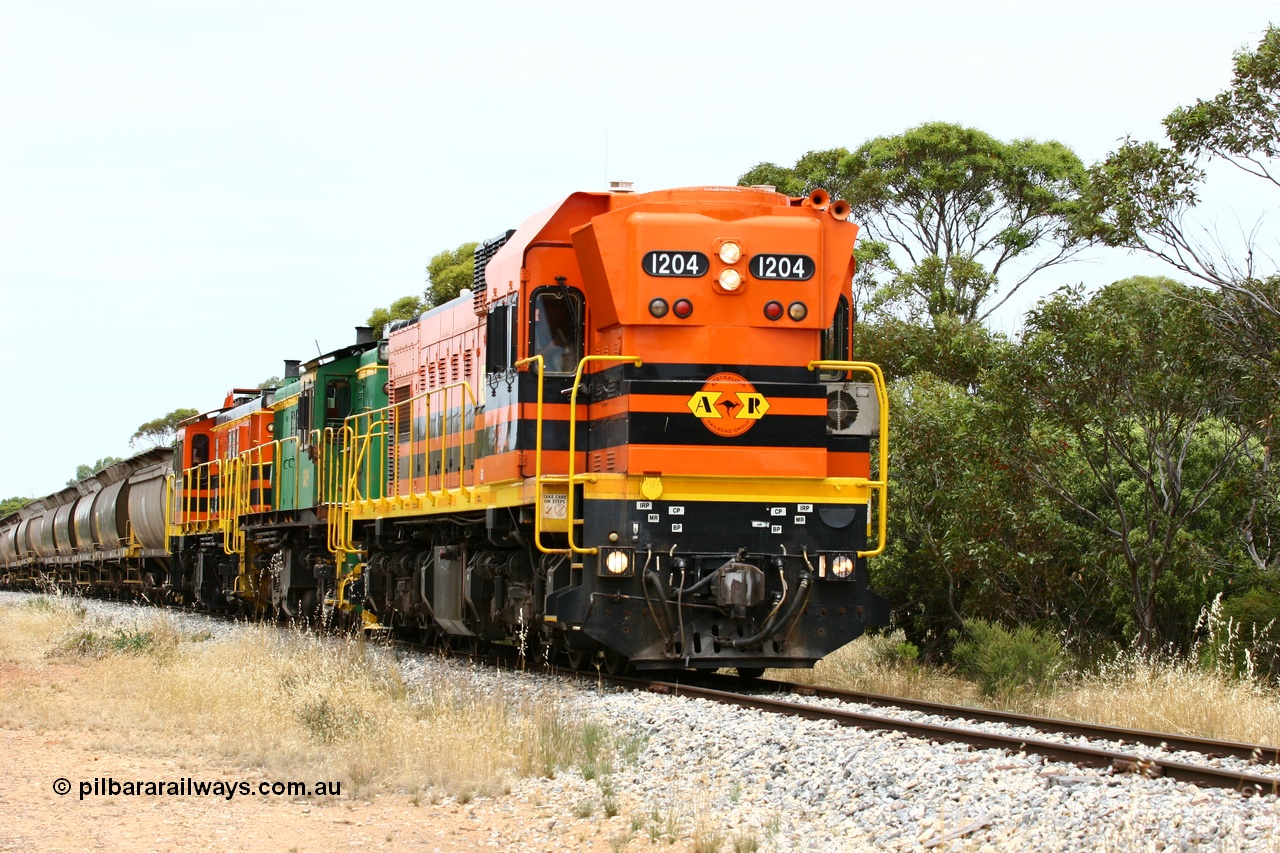 060110 2185
Near the 78 km, empty grain train with ARG 1200 class unit 1204, a Clyde Engineering EMD model G12C serial 65-428, originally built for the WAGR as the final unit of fourteen A class locomotives in 1965 and sent to the Eyre Peninsula in July 2004 and two 830 class AE Goodwin built ALCo model DL531 units 842 serial 84140 ex SAR broad gauge to Eyre Peninsula in October 1987, and 851 serial 84137 new to Eyre Peninsula in 1962. [url=https://goo.gl/maps/bAmc6CyEwC42]Approx. location of image[/url].
Keywords: 1200-class;1204;Clyde-Engineering-Granville-NSW;EMD;G12C;65-428;A-class;A1514;830-class;842;851;AE-Goodwin;ALCo;DL531;84137;84140;