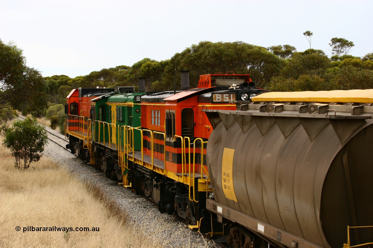060110 2217
On the curve near the 85 km between Yeelanna and Karkoo, trailing view of 830 class AE Goodwin built ALCo model DL531 units 851 serial 84137 new to Eyre Peninsula in 1962 and 842 serial 84140, ex SAR broad gauge and to Eyre Peninsula in October 1987, and ARG 1200 class unit 1204, a Clyde Engineering EMD model G12C serial 65-428, originally built for the WAGR as the final unit of fourteen A class locomotives in 1965 and sent to the Eyre Peninsula in July 2004 leads an empty grain train. [url=https://goo.gl/maps/7kwfXBE6nS12]Approx. location of image[/url].
Keywords: 1200-class;1204;Clyde-Engineering-Granville-NSW;EMD;G12C;65-428;A-class;A1514;830-class;842;851;AE-Goodwin;ALCo;DL531;84137;84140;