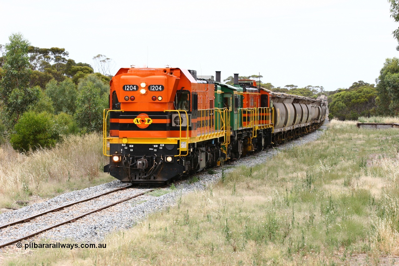 060110 2230
Karkoo, empty grain train behind ARG 1200 class unit 1204, a Clyde Engineering EMD model G12C serial 65-428, originally built for the WAGR as the final unit of fourteen A class locomotives in 1965 and sent to the Eyre Peninsula in July 2004 and two 830 class AE Goodwin built ALCo model DL531 units 842 serial 84140 ex SAR broad gauge and to Eyre Peninsula in October 1987, and 851 serial 84137 new to Eyre Peninsula in 1962. [url=https://goo.gl/maps/syz89ziXmoL2]Approx. location of image[/url].
Keywords: 1200-class;1204;Clyde-Engineering-Granville-NSW;EMD;G12C;65-428;A-class;A1514;830-class;842;851;AE-Goodwin;ALCo;DL531;84137;84140;