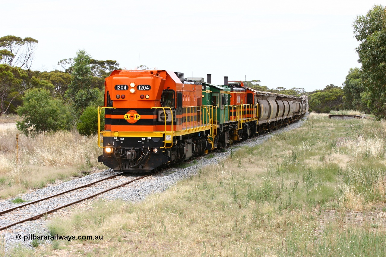 060110 2231
Karkoo, empty grain train behind ARG 1200 class unit 1204, a Clyde Engineering EMD model G12C serial 65-428, originally built for the WAGR as the final unit of fourteen A class locomotives in 1965 and sent to the Eyre Peninsula in July 2004 and two 830 class AE Goodwin built ALCo model DL531 units 842 serial 84140 ex SAR broad gauge and to Eyre Peninsula in October 1987, and 851 serial 84137 new to Eyre Peninsula in 1962. [url=https://goo.gl/maps/syz89ziXmoL2]Approx. location of image[/url].
Keywords: 1200-class;1204;Clyde-Engineering-Granville-NSW;EMD;G12C;65-428;A-class;A1514;830-class;842;851;AE-Goodwin;ALCo;DL531;84137;84140;