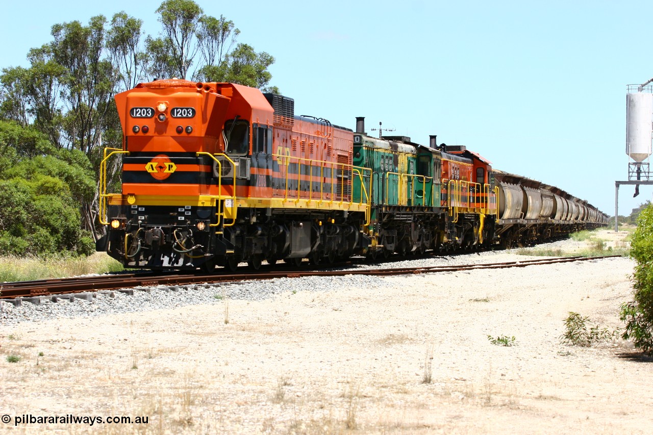 060111 2260
Tooligie, ARG 1200 class unit 1203, a Clyde Engineering EMD model G12C serial 65-427, one of fourteen originally built between 1960-65 for WAGR as their A class A 1513, fitted with dynamic brakes and financed by Western Mining Corporation, started working on the Eyre Peninsula in November 2004 and its grain train. 11th January 2006.
Keywords: 1200-class;1203;Clyde-Engineering-Granville-NSW;EMD;G12C;65-427;A-class;A1513;