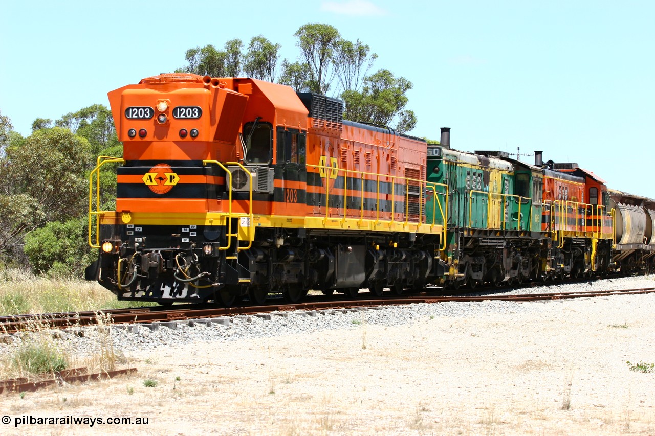060111 2261
Tooligie, ARG 1200 class unit 1203, a Clyde Engineering EMD model G12C serial 65-427, one of fourteen originally built between 1960-65 for WAGR as their A class A 1513, fitted with dynamic brakes and financed by Western Mining Corporation, started working on the Eyre Peninsula in November 2004 and its grain train. 11th January 2006.
Keywords: 1200-class;1203;Clyde-Engineering-Granville-NSW;EMD;G12C;65-427;A-class;A1513;
