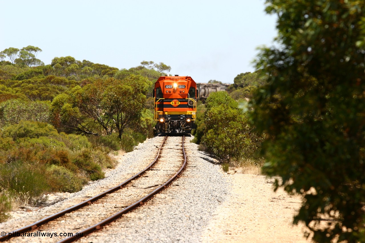 060111 2265
Tooligie, empty grain train running north behind ARG 1200 class unit 1203, a Clyde Engineering EMD model G12C serial 65-427, one of fourteen originally built between 1960-65 for WAGR as their A class A 1513, fitted with dynamic brakes and financed by Western Mining Corporation, started working on the Eyre Peninsula in November 2004. 11th January 2006.
Keywords: 1200-class;1203;Clyde-Engineering-Granville-NSW;EMD;G12C;65-427;A-class;A1513;