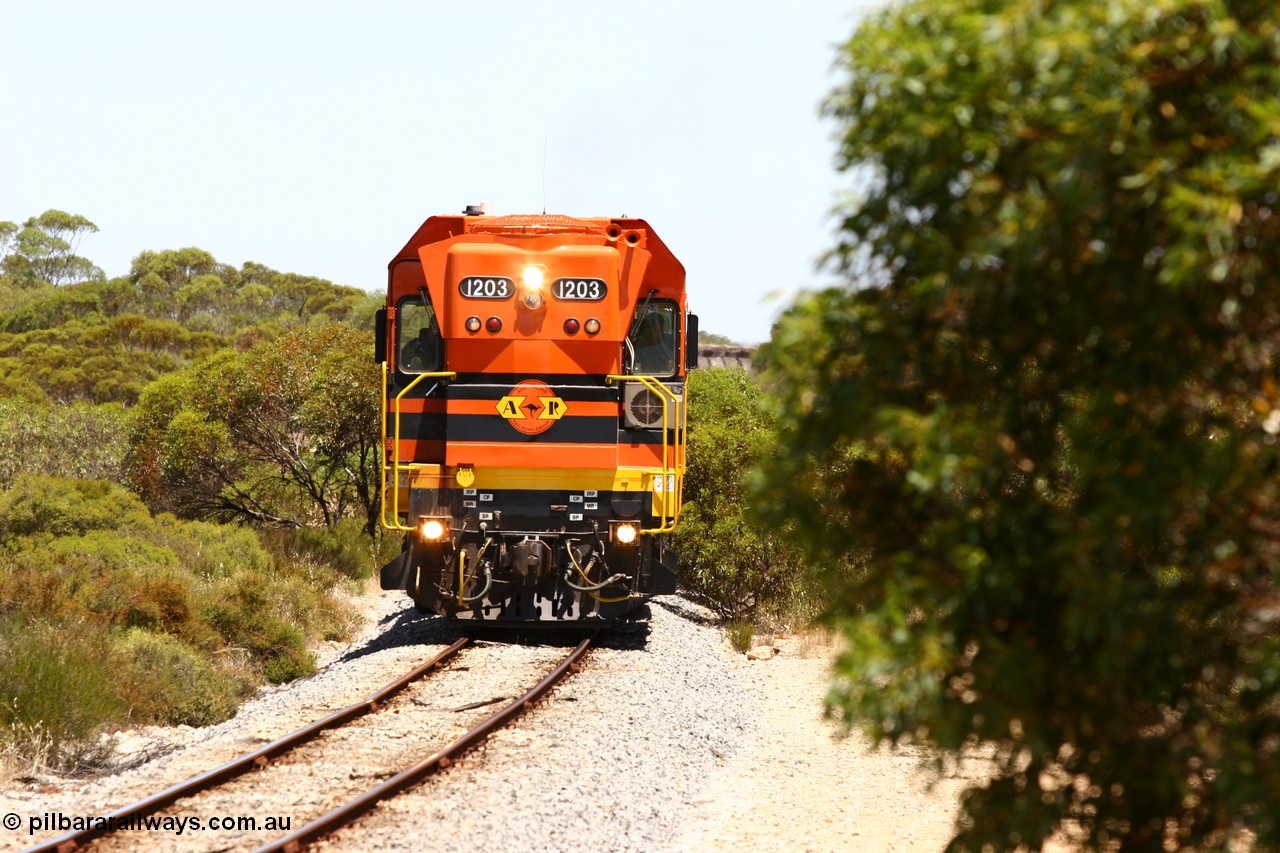 060111 2266
Tooligie, empty grain train running north behind ARG 1200 class unit 1203, a Clyde Engineering EMD model G12C serial 65-427, one of fourteen originally built between 1960-65 for WAGR as their A class A 1513, fitted with dynamic brakes and financed by Western Mining Corporation, started working on the Eyre Peninsula in November 2004. 11th January 2006.
Keywords: 1200-class;1203;Clyde-Engineering-Granville-NSW;EMD;G12C;65-427;A-class;A1513;