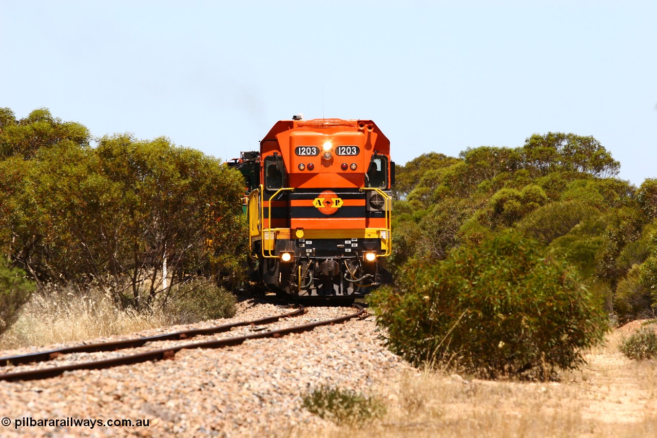 060111 2278
Peachna, two kilometres north of the former station site empty grain train running north behind ARG 1200 class unit 1203, a Clyde Engineering EMD model G12C serial 65-427, one of fourteen originally built between 1960-65 for WAGR as their A class A 1513, fitted with dynamic brakes and financed by Western Mining Corporation, started working on the Eyre Peninsula in November 2004. 11th January 2006.
Keywords: 1200-class;1203;Clyde-Engineering-Granville-NSW;EMD;G12C;65-427;A-class;A1513;