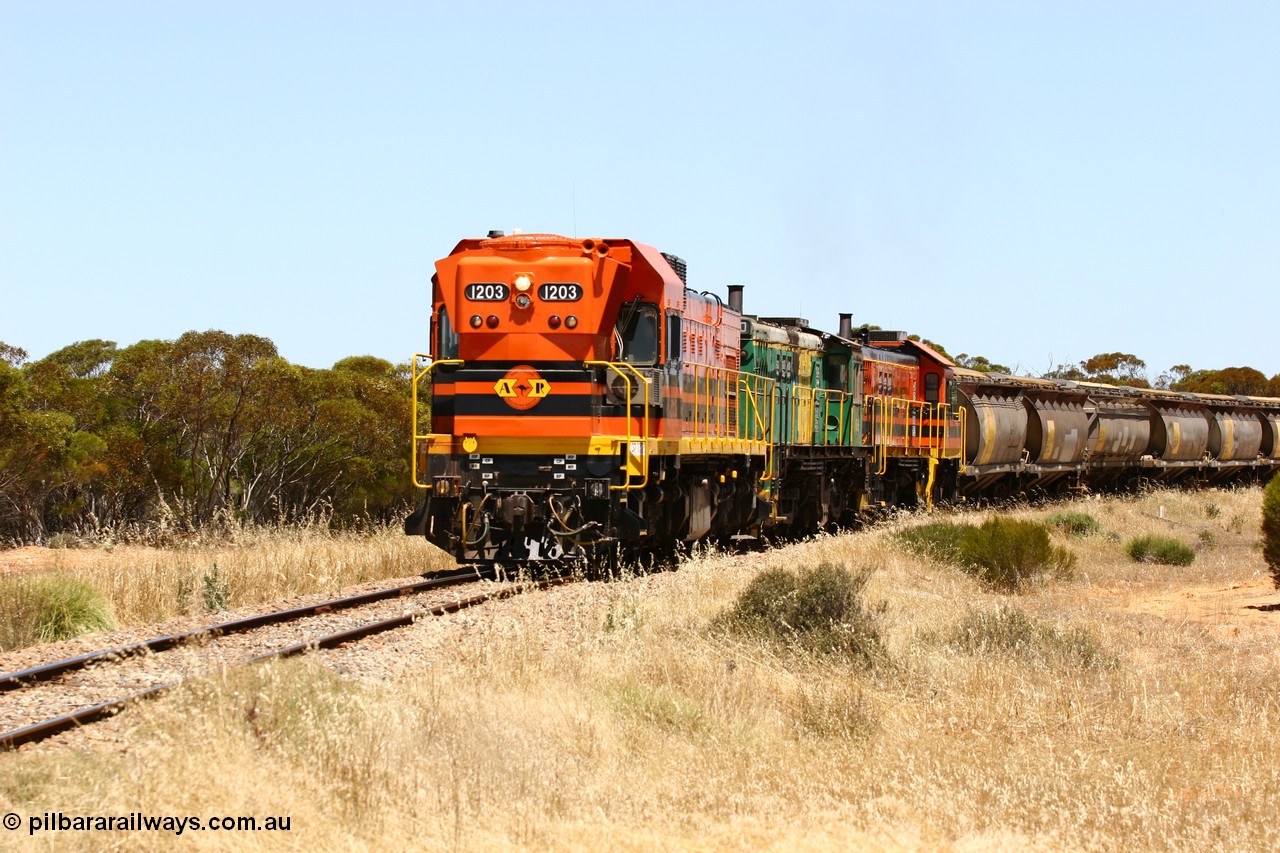 060111 2283
Murdinga, rounding the curve before entering the station environs empty grain train running north behind ARG 1200 class unit 1203, a Clyde Engineering EMD model G12C serial 65-427, one of fourteen originally built between 1960-65 for WAGR as their A class A 1513, fitted with dynamic brakes and financed by Western Mining Corporation, started working on the Eyre Peninsula in November 2004. 11th January 2006.
Keywords: 1200-class;1203;Clyde-Engineering-Granville-NSW;EMD;G12C;65-427;A-class;A1513;