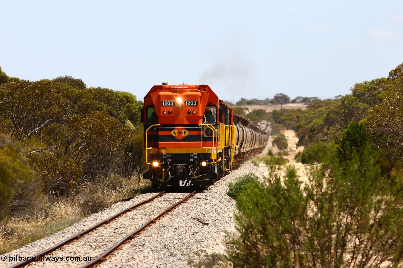 060111 2289
Warrachie, ARG 1200 class unit 1203, a Clyde Engineering EMD model G12C serial 65-427, one of fourteen originally built between 1960-65 for WAGR as their A class A 1513, fitted with dynamic brakes and financed by Western Mining Corporation, started working on the Eyre Peninsula in November 2004 leads an empty grain train between Murdinga and Lock. 11th January 2006.
Keywords: 1200-class;1203;Clyde-Engineering-Granville-NSW;EMD;G12C;65-427;A-class;A1513;