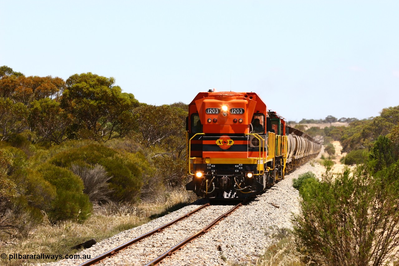 060111 2290
Warrachie, ARG 1200 class unit 1203, a Clyde Engineering EMD model G12C serial 65-427, one of fourteen originally built between 1960-65 for WAGR as their A class A 1513, fitted with dynamic brakes and financed by Western Mining Corporation, started working on the Eyre Peninsula in November 2004 leads an empty grain train between Murdinga and Lock. 11th January 2006.
Keywords: 1200-class;1203;Clyde-Engineering-Granville-NSW;EMD;G12C;65-427;A-class;A1513;