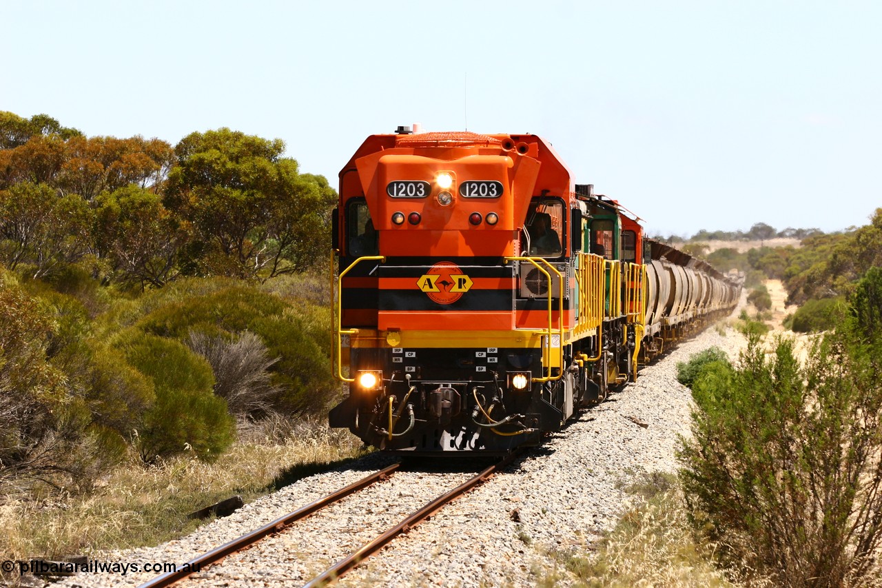 060111 2291
Warrachie, ARG 1200 class unit 1203, a Clyde Engineering EMD model G12C serial 65-427, one of fourteen originally built between 1960-65 for WAGR as their A class A 1513, fitted with dynamic brakes and financed by Western Mining Corporation, started working on the Eyre Peninsula in November 2004 leads an empty grain train between Murdinga and Lock. 11th January 2006.
Keywords: 1200-class;1203;Clyde-Engineering-Granville-NSW;EMD;G12C;65-427;A-class;A1513;
