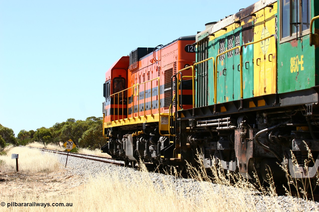 060111 2302
Lock, an empty Clyde Engineering built EMD G12C model loco 1203 serial 65-427 leads two ALCo 830 class units 850 and 905. Their next shunt will be Warramboo as they pass the 147 km post. 11th January 2006.
Keywords: 1200-class;1203;Clyde-Engineering-Granville-NSW;EMD;G12C;65-427;A-class;A1513;