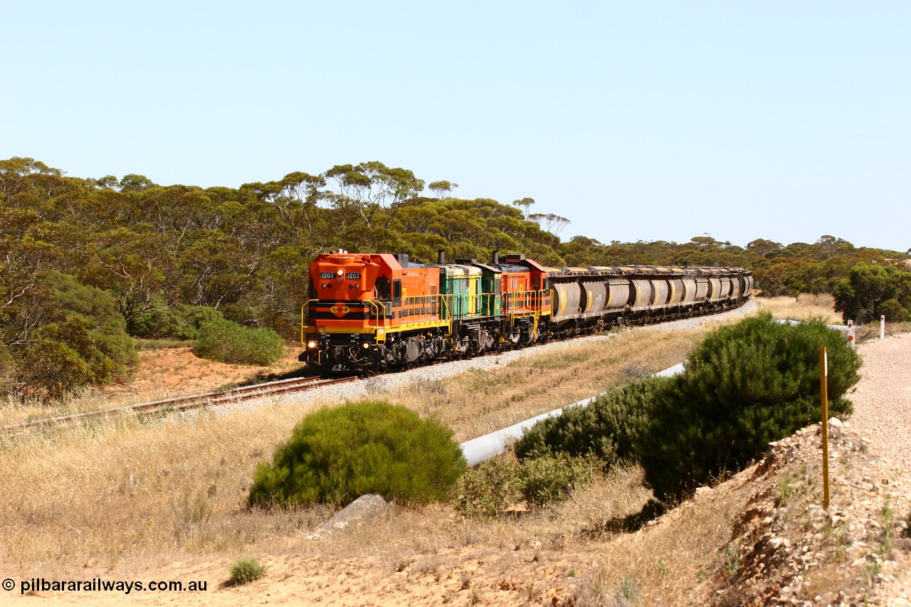 060111 2308
Kopi, an empty Clyde Engineering built EMD G12C model loco 1203 serial 65-427 leads two ALCo 830 class units 850 and 905. Their next shunt will be Warramboo. 11th January 2006.
Keywords: 1200-class;1203;Clyde-Engineering-Granville-NSW;EMD;G12C;65-427;A-class;A1513;