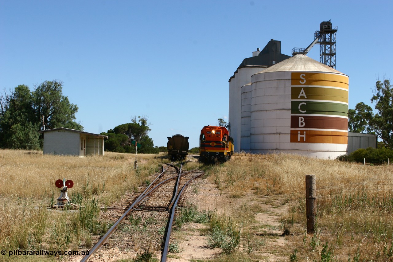 060111 2322
Warramboo, located at the 190.2 km with now disused station building on the left, Clyde Engineering built EMD G12C model loco 1203 serial 65-427 shunts empty grain waggons into the grain loop for loading. 11th January 2006.
Keywords: 1200-class;1203;Clyde-Engineering-Granville-NSW;EMD;G12C;65-427;A-class;A1513;