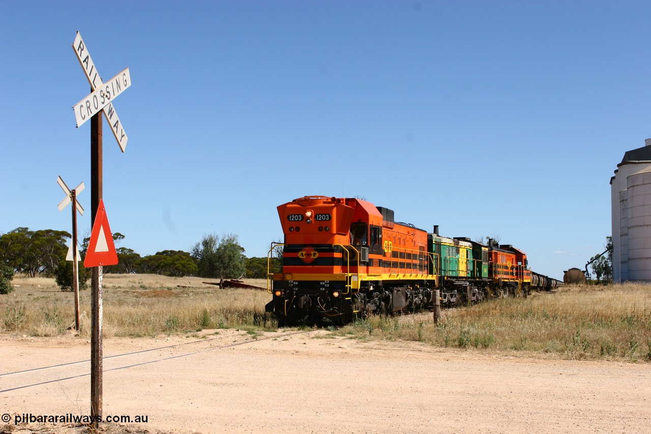 060111 2325
Warramboo, Kimba Road grade crossing, ARG 1200 class unit 1203, a Clyde Engineering EMD model G12C serial 65-427, one of fourteen originally built between 1960-65 for WAGR as their A class A 1513, fitted with dynamic brakes and financed by Western Mining Corporation, started working on the Eyre Peninsula in November 2004, here shunting off the grain siding and back to the mainline to resume the journey north. 11th January 2006.
Keywords: 1200-class;1203;Clyde-Engineering-Granville-NSW;EMD;G12C;65-427;A-class;A1513;