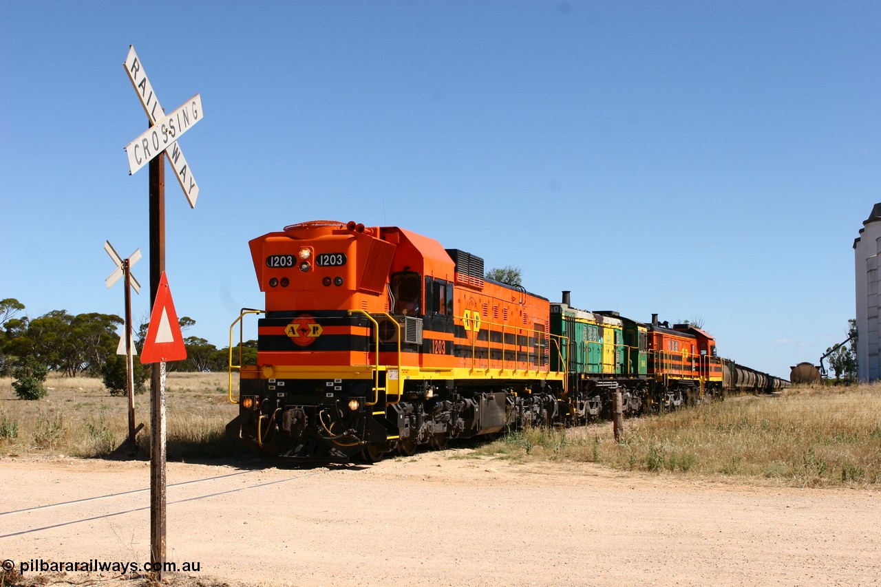 060111 2326
Warramboo, Kimba Road grade crossing, ARG 1200 class unit 1203, a Clyde Engineering EMD model G12C serial 65-427, one of fourteen originally built between 1960-65 for WAGR as their A class A 1513, fitted with dynamic brakes and financed by Western Mining Corporation, started working on the Eyre Peninsula in November 2004, here shunting off the grain siding and back to the mainline to resume the journey north. 11th January 2006.
Keywords: 1200-class;1203;Clyde-Engineering-Granville-NSW;EMD;G12C;65-427;A-class;A1513;