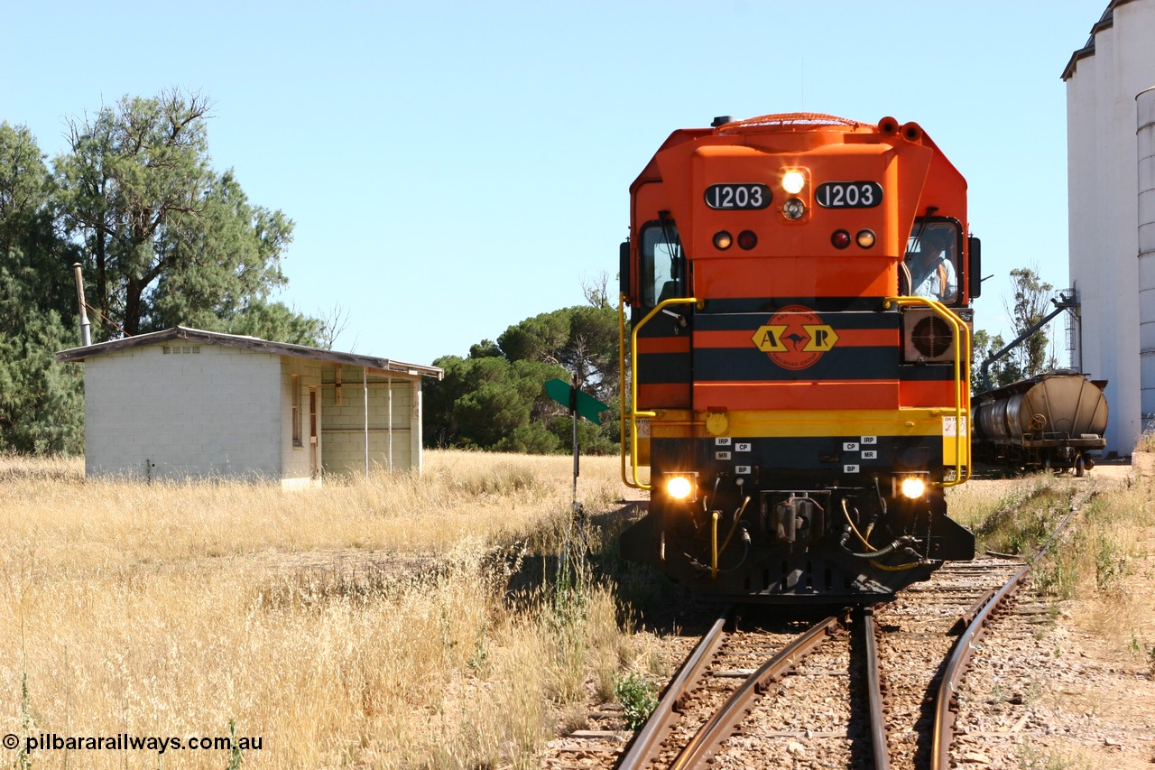 060111 2330
Warramboo, located at the 190.2 km and opened with the line in May 1913, with now disused station building on the left, Clyde Engineering built EMD G12C model loco 1203 serial 65-427 stands on the mainline as loading on the grain siding has started. 11th January 2006.
Keywords: 1200-class;1203;Clyde-Engineering-Granville-NSW;EMD;G12C;65-427;A-class;A1513;