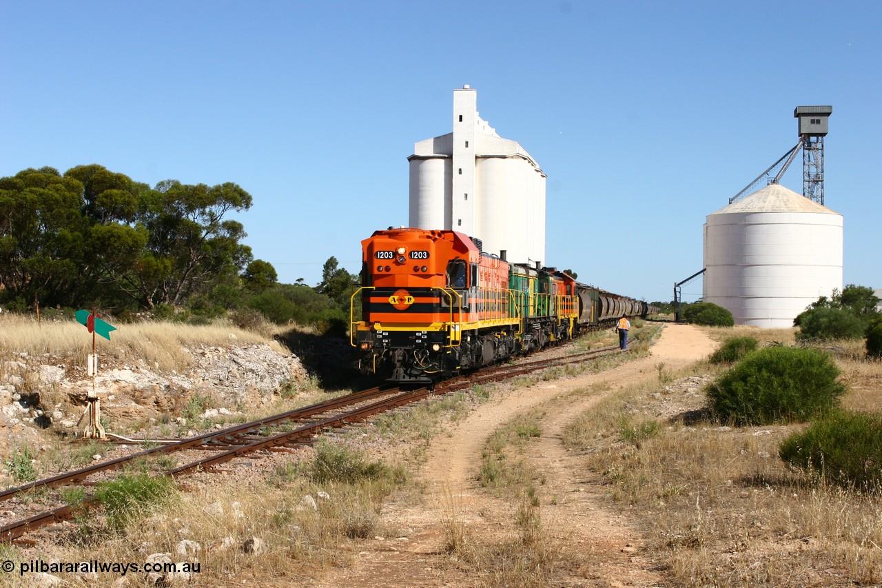 060111 2344
Kyancutta, ARG 1200 class unit 1203, a Clyde Engineering EMD model G12C serial 65-427, one of fourteen originally built between 1960-65 for WAGR as their A class A 1513, fitted with dynamic brakes and financed by Western Mining Corporation, started working on the Eyre Peninsula in November 2004.
Keywords: 1200-class;1203;Clyde-Engineering-Granville-NSW;EMD;G12C;65-427;A-class;A1513;