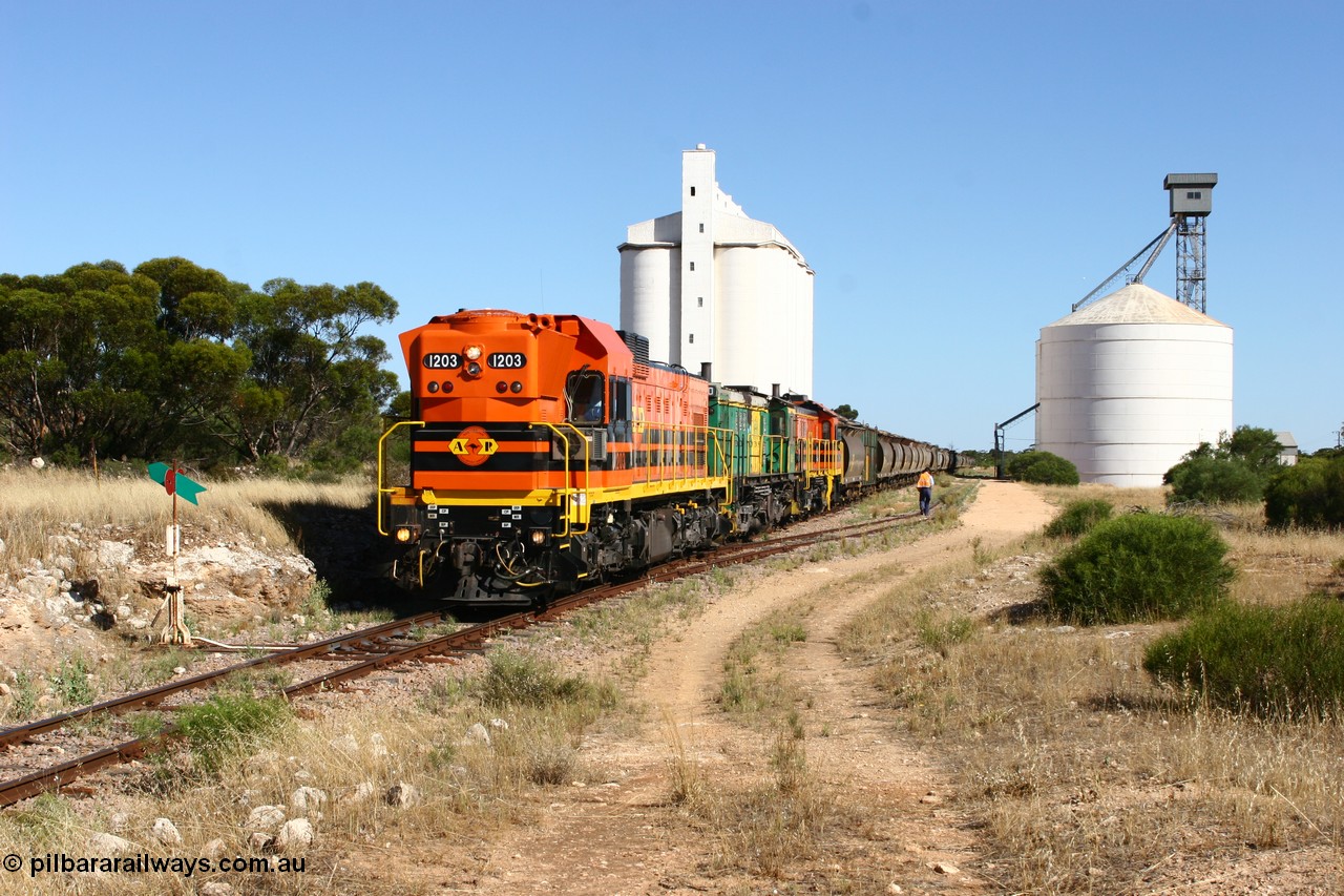 060111 2346
Kyancutta, ARG 1200 class unit 1203, a Clyde Engineering EMD model G12C serial 65-427, one of fourteen originally built between 1960-65 for WAGR as their A class A 1513, fitted with dynamic brakes and financed by Western Mining Corporation, started working on the Eyre Peninsula in November 2004.
Keywords: 1200-class;1203;Clyde-Engineering-Granville-NSW;EMD;G12C;65-427;A-class;A1513;