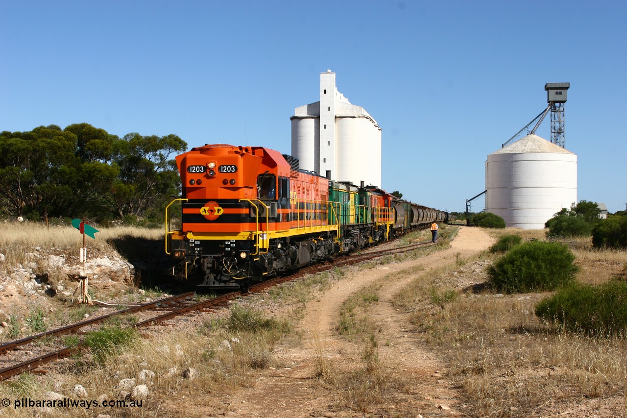 060111 2347
Kyancutta, ARG 1200 class unit 1203, a Clyde Engineering EMD model G12C serial 65-427, one of fourteen originally built between 1960-65 for WAGR as their A class A 1513, fitted with dynamic brakes and financed by Western Mining Corporation, started working on the Eyre Peninsula in November 2004.
Keywords: 1200-class;1203;Clyde-Engineering-Granville-NSW;EMD;G12C;65-427;A-class;A1513;