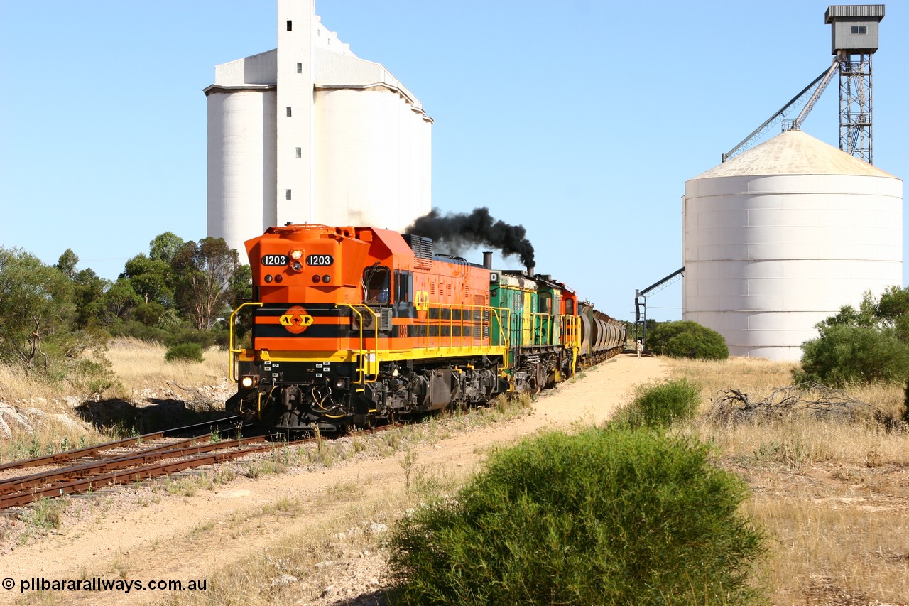 060111 2360
Kyancutta, ARG 1200 class unit 1203, a Clyde Engineering EMD model G12C serial 65-427, one of fourteen originally built between 1960-65 for WAGR as their A class A 1513, fitted with dynamic brakes and financed by Western Mining Corporation, started working on the Eyre Peninsula in November 2004.
Keywords: 1200-class;1203;Clyde-Engineering-Granville-NSW;EMD;G12C;65-427;A-class;A1513;